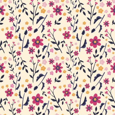 Papier peint à motif  Prairie avec des fleurs de couleur rose et jaune