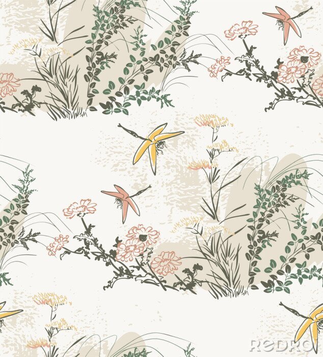 Papier peint à motif  Prairie avec fleurs et libellules