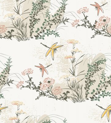 Papier peint à motif  Prairie avec fleurs et libellules