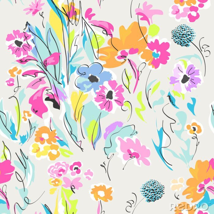 Papier peint à motif  Prairie colorée abstraite avec des fleurs