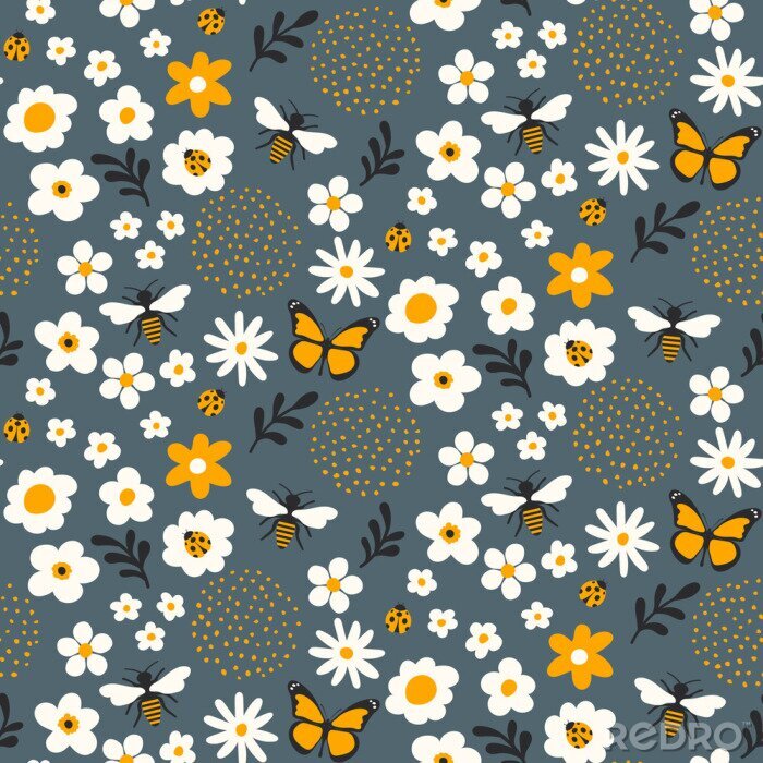 Papier peint à motif  Prairie de fleurs avec des papillons jaunes