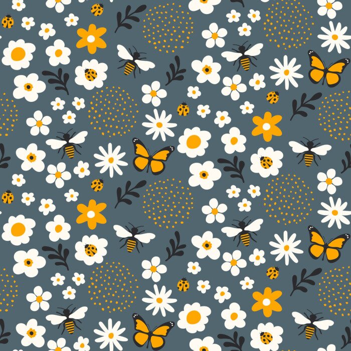 Papier peint à motif  Prairie de fleurs avec des papillons jaunes