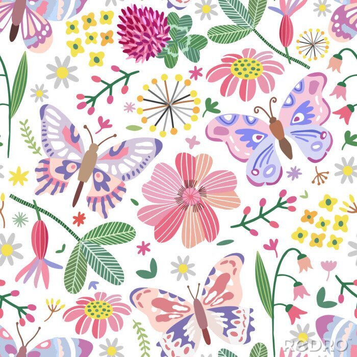 Papier peint à motif  Prairie de printemps avec des fleurs colorées