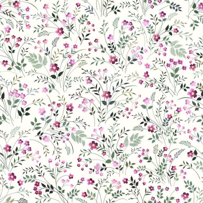 Papier peint à motif  Prairie verte avec des fleurs roses