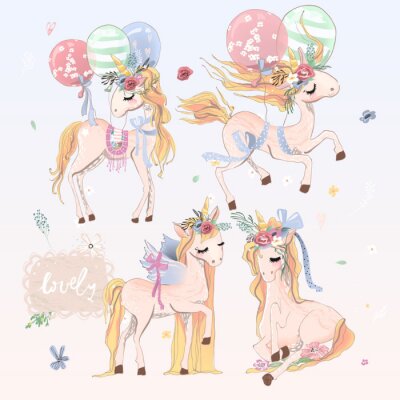 Quatre licornes dans différentes poses et ballons