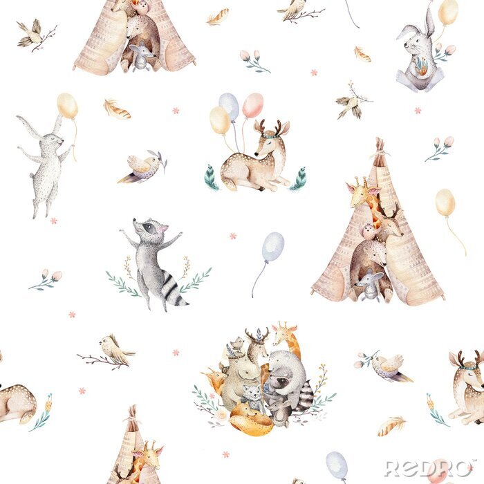 Papier peint à motif  Raccon mignon de bébé de famille, cerf et lapin. girafe de pépinière animale et ours isolé illustration. Aquarelle boho raccon dessin pépinière modèle sans couture. Fond d'enfants, impression de crèch