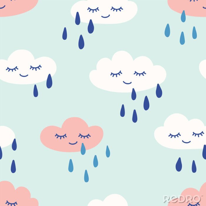 Papier peint à motif  Rainy clouds with eyes and smile cute seamless pattern. Print for kids. Vector hand drawn illustration
