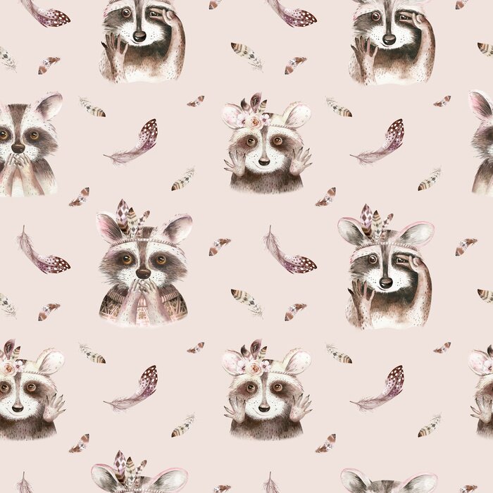 Papier peint à motif  Raton laveur avec des plumes version aquarelle