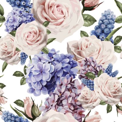 Papier peint à motif  Rayures blanches et fleurs d'hortensia bleu