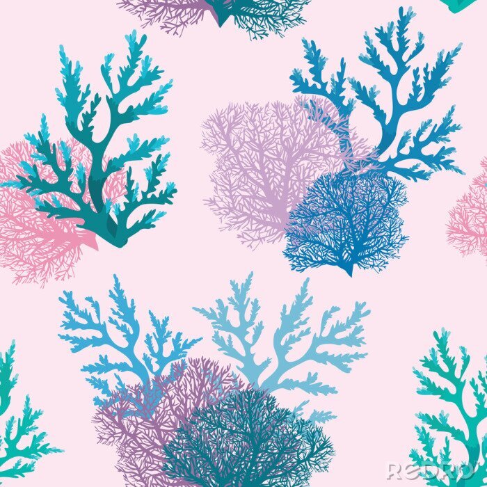 Papier peint à motif  Récifs coralliens sur fond rose