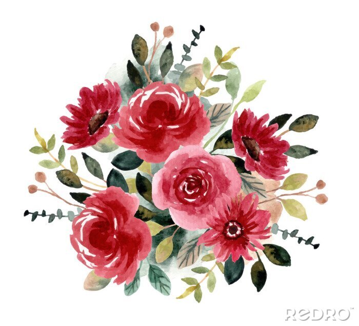 Papier peint à motif  red green flower garden watercolor arrangement
