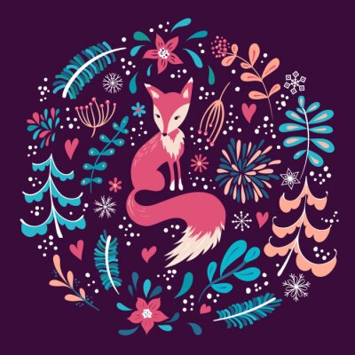 Papier peint à motif  Renard entre des plantes sur fond bordeaux