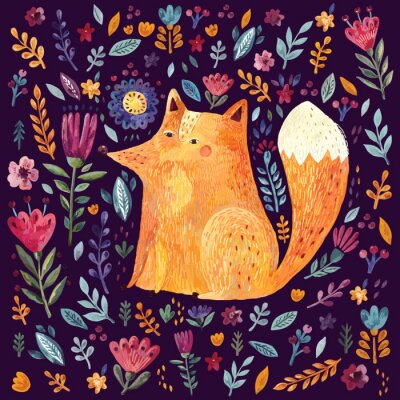 Papier peint à motif  Renard parmi des fleurs sur fond sombre