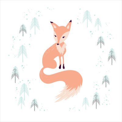 Papier peint à motif  Renard pastel assis dans une forêt