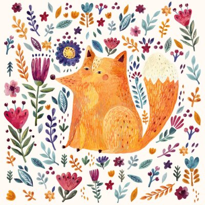 Papier peint à motif  Renard peint parmi des fleurs colorées