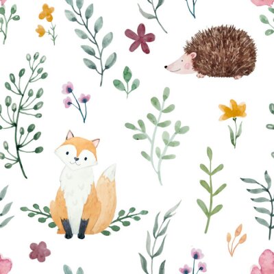 Papier peint à motif  Renards à l'aquarelle, hérissons et plantes
