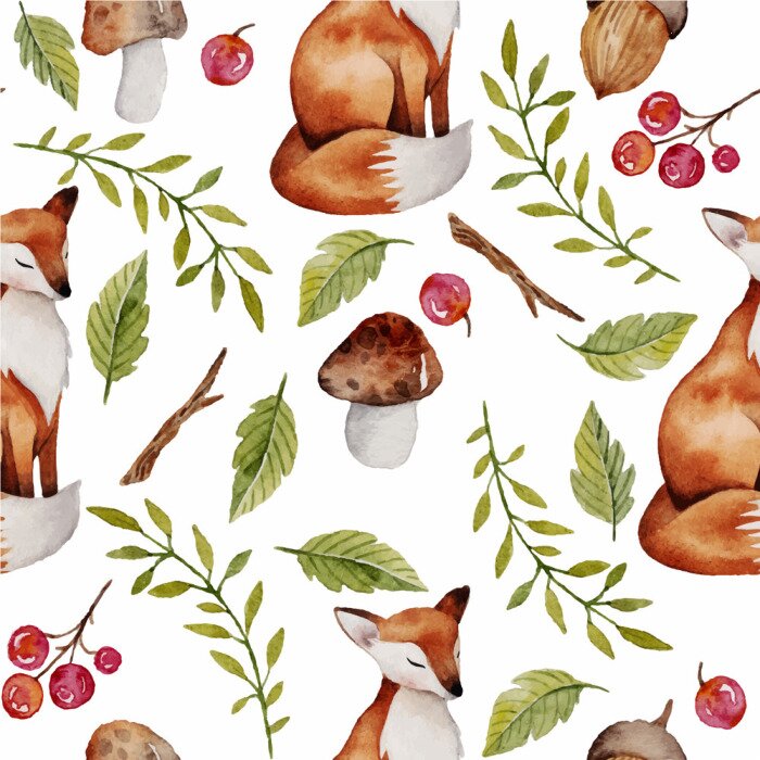 Papier peint à motif  Renards aquarellés avec des plantes et des glands