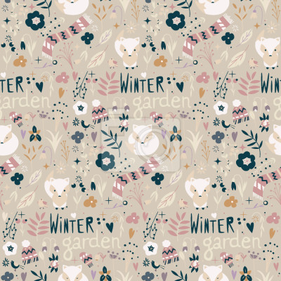 Papier peint à motif  Renards, bonnets et écharpes d'hiver