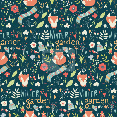 Papier peint à motif  Renards, chapeaux et écharpes sur fond sombre