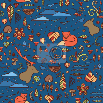 Papier peint à motif  Renards d'automne parmi les feuilles et la pluie