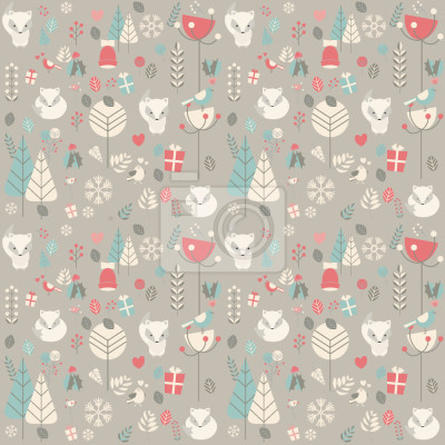 Papier peint à motif  Renards d'hiver avec des cadeaux et des plantes de la forêt