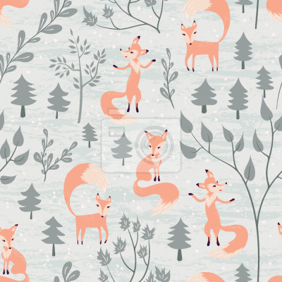 Papier peint à motif  Renards dans une forêt parmi les arbres