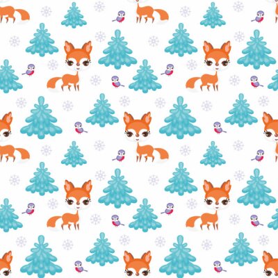 Papier peint à motif  Renards de dessin animé, petits oiseaux et sapins de Noël