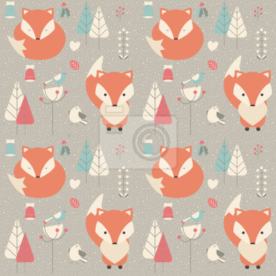 Papier peint à motif  Renards debout et endormis parmi des feuilles et des oiseaux