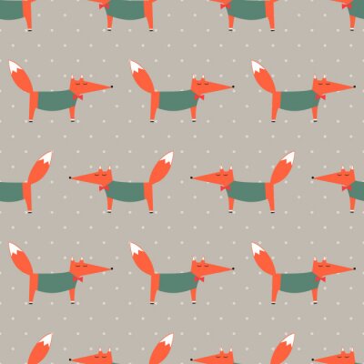 Papier peint à motif  Renards en pull-over vert sur fond beige