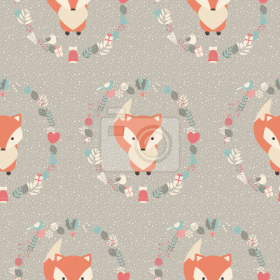 Papier peint à motif  Renards entourés de décorations de Noël