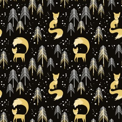 Papier peint à motif  Renards et arbres dans des tons noirs et jaunes