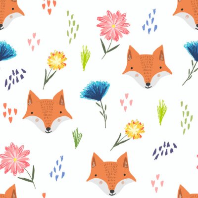 Papier peint à motif  Renards et fleurs printanières colorées