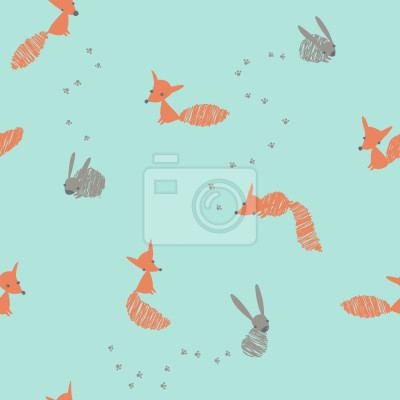Papier peint à motif  Renards et lapins sur fond bleu