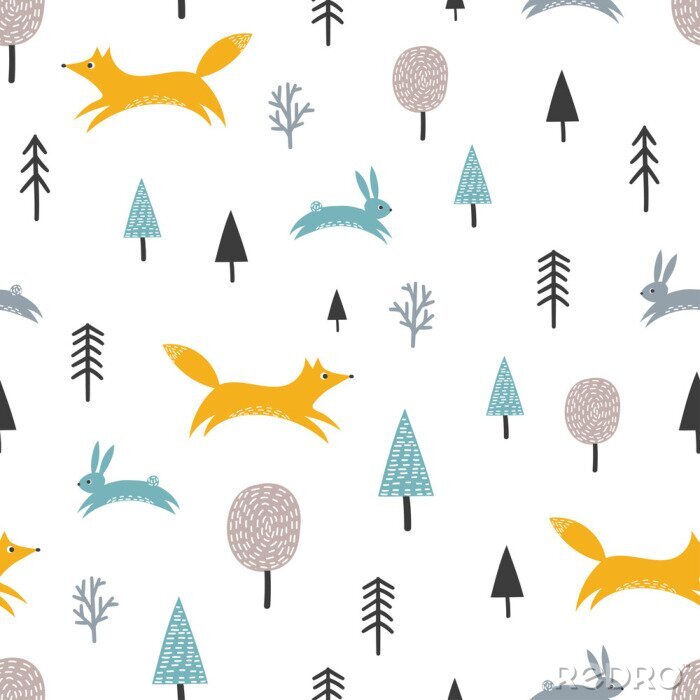 Papier peint à motif  Renards et lièvres dans la forêt