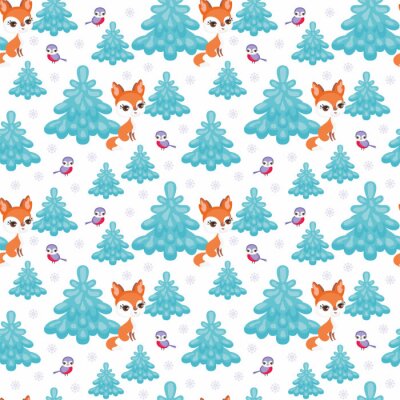 Papier peint à motif  Renards et oiseaux dans la forêt d'hiver