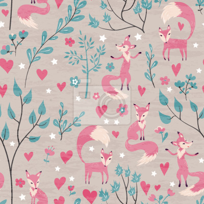 Papier peint à motif  Renards et petits cœurs dans une forêt verte