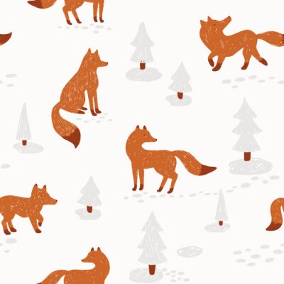 Papier peint à motif  Renards et sapins de Noël enneigés sur fond rose