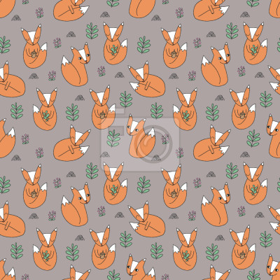 Papier peint à motif  Renards illustrés entourés de feuilles