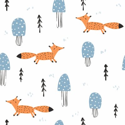 Papier peint à motif  Renards illustrés et arbres bleus