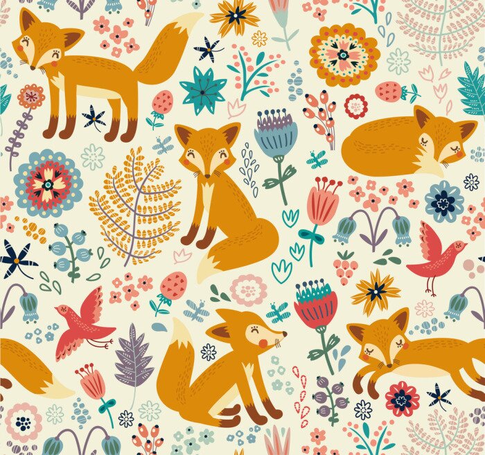Papier peint à motif  Renards illustrés, oiseaux et fleurs colorées