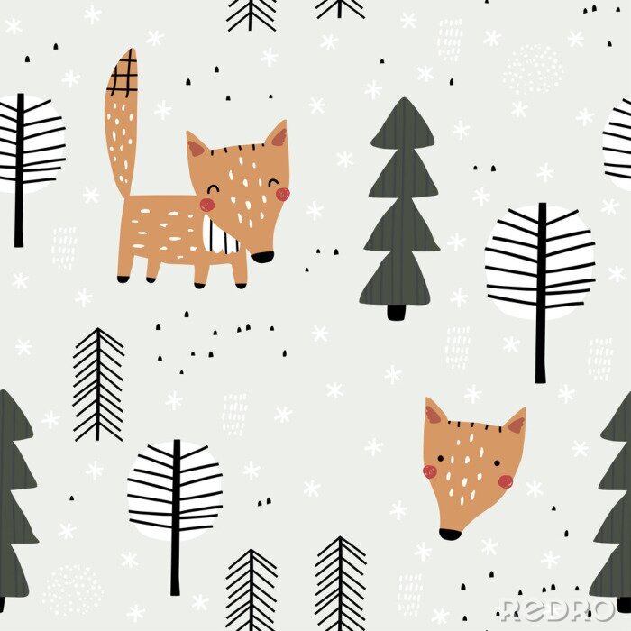 Papier peint à motif  Renards mignons dans la forêt d'hiver