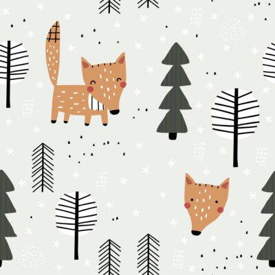 Papier peint à motif  Renards mignons dans la forêt d'hiver
