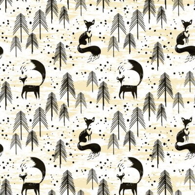 Papier peint à motif  Renards noirs et arbres sur fond jaune