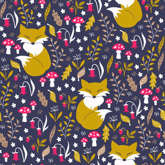 Papier peint à motif  Renards orange, amanites et plantes