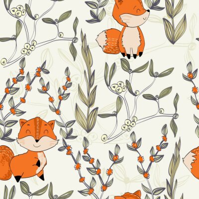 Papier peint à motif  Renards peints et petites branches vertes