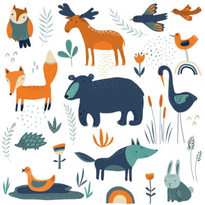 Papier peint à motif  Renards, petits ours, canards et oiseaux dans la verdure
