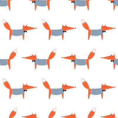 Papier peint à motif  Renards vêtus de chemisiers rayés sur fond blanc