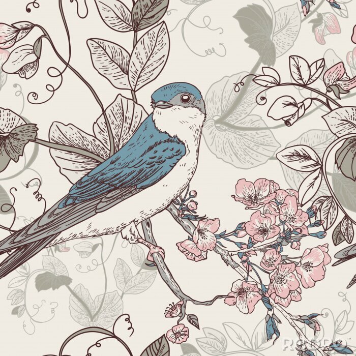 Papier peint à motif  Rétro image d'oiseau