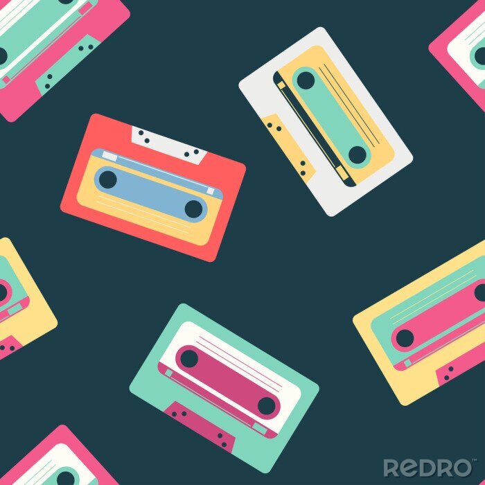 Papier peint à motif  Retro music cassette vector seamless pattern on background for wallpaper, wrapping, packing, and backdrop.
