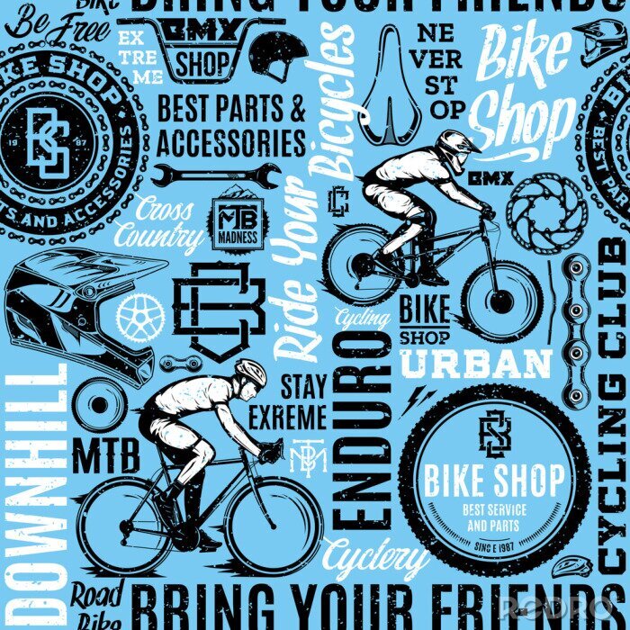 Papier peint à motif  Retro styled vector bicycle seamless pattern or background in black, blue and white colors. Bike shop badges, mountain, bmx and road biking icons and design pieces